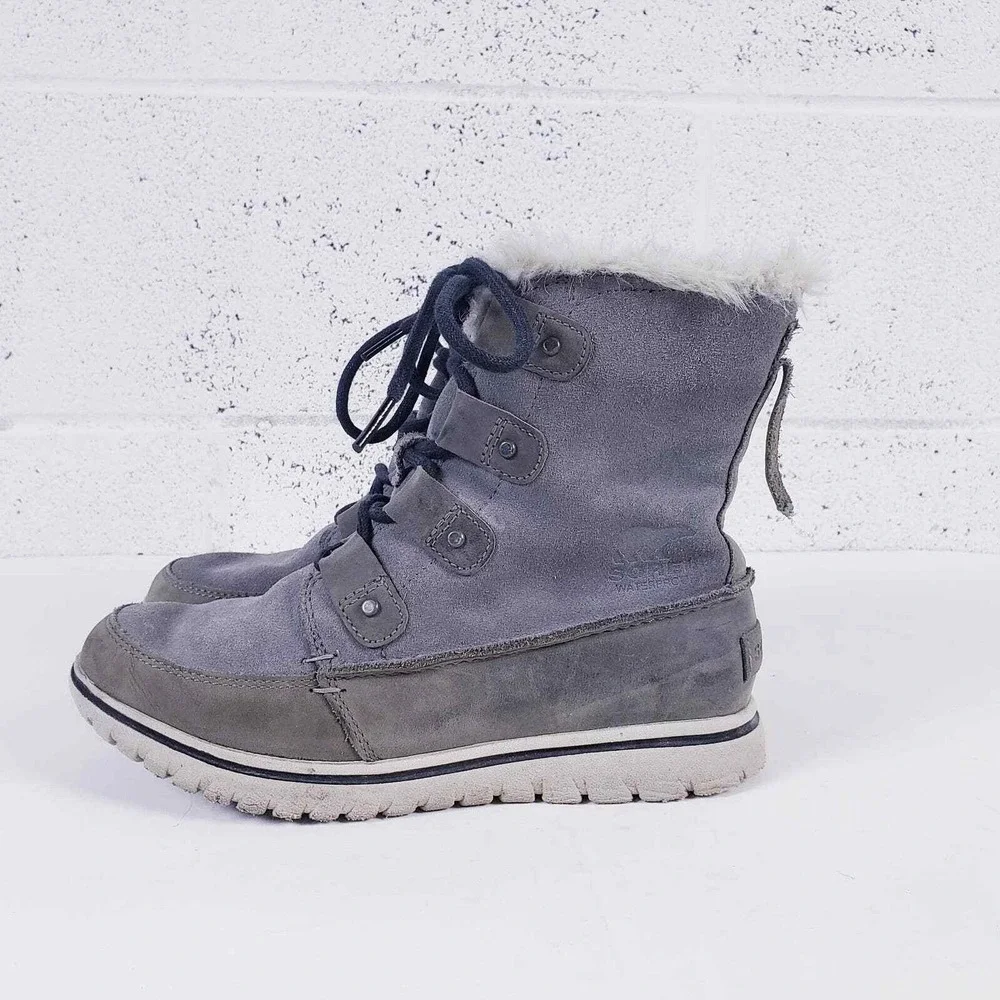 Sorel‎ Tivoli III Waterproof Boots Grey Suede Faux Fur Trim Lace Up Womens 7